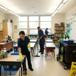 cleaning team in classroom