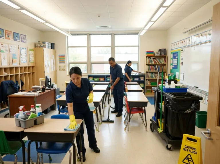 cleaning team in classroom