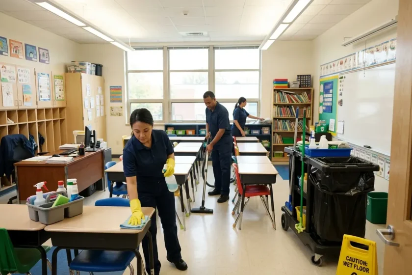 cleaning team in classroom